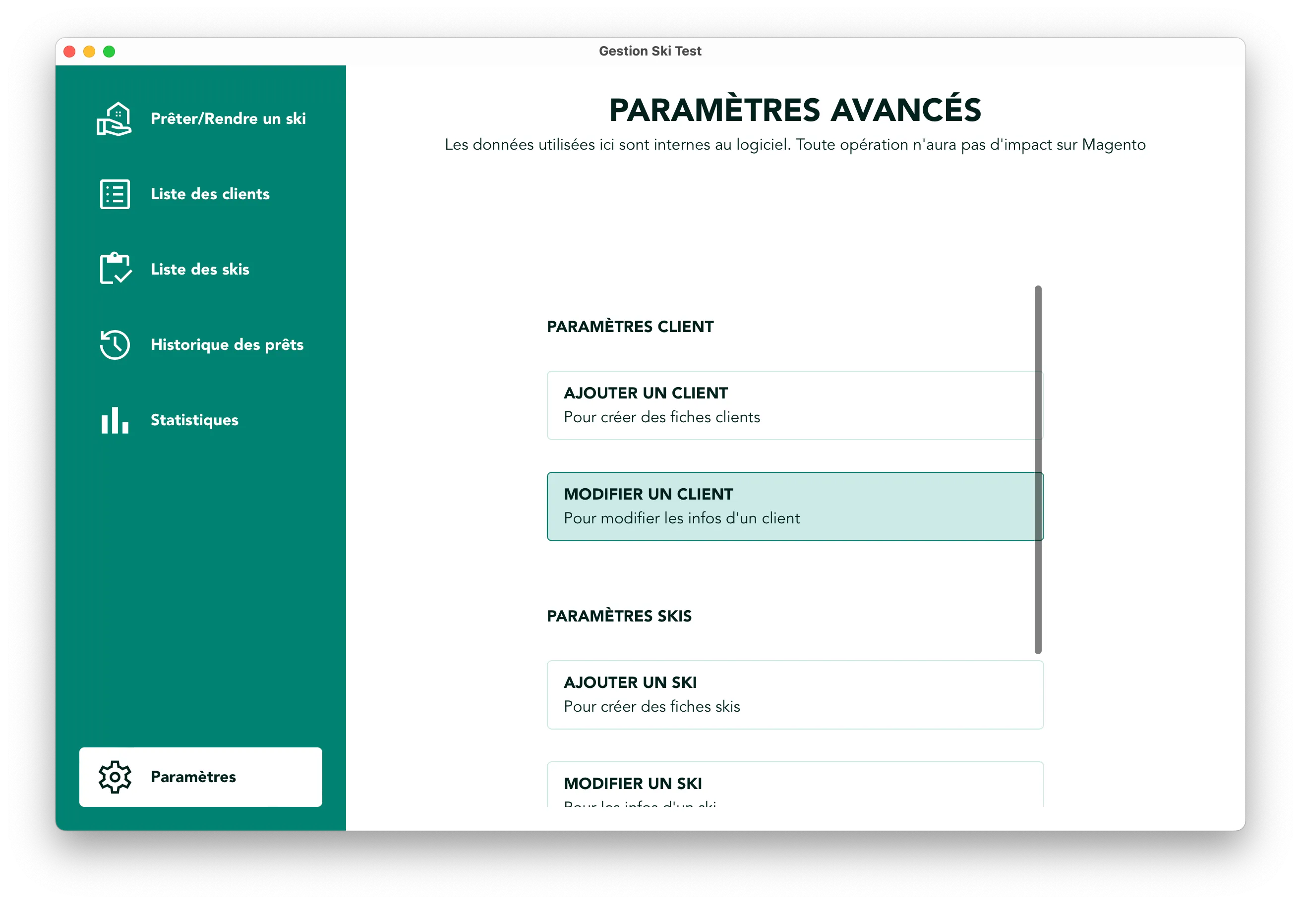 Paramètres du logiciel ski test